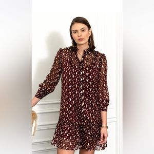 The Mini Dress with Ruffled Hem
Oxblood/Gold Metallic / L